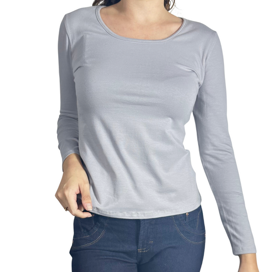 Stretch Cotton Long Sleeve Scoop Neck - Gray