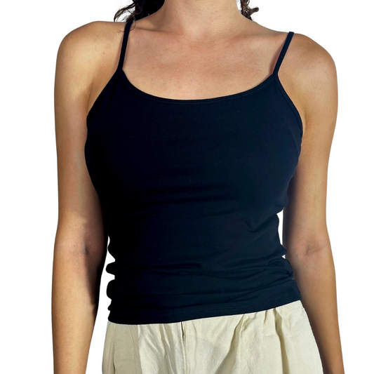 Stretch Cotton Thin Strap Tank - Black