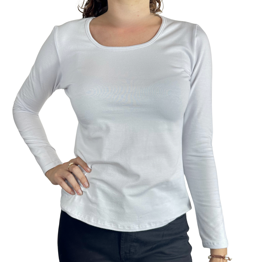 Stretch Cotton Long Sleeve Scoop Neck - White